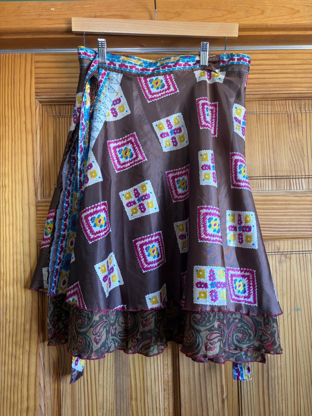 Bohemian Brown Printed Wrap Skirt with Pink & Turquoise Accents